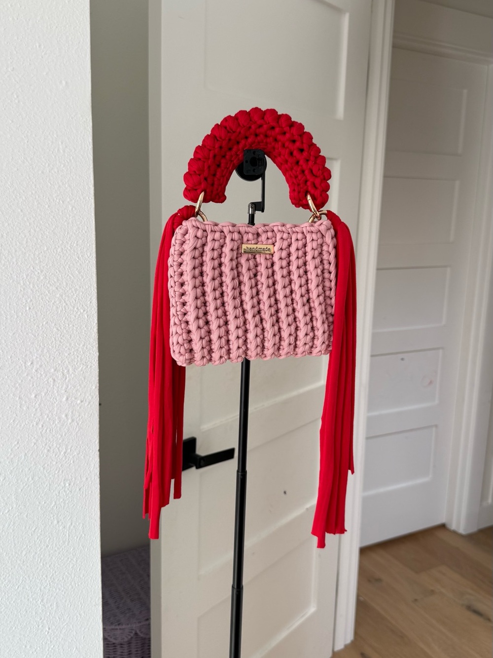 Handmade Pink Crochet Shoulder Bag with Red Fringe Handle
